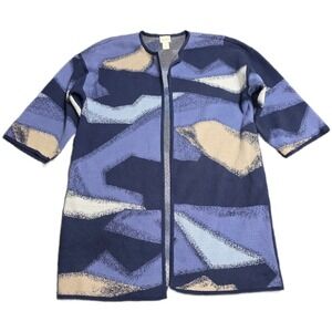 Chicos Open Cardigan Sweater Women's Size 1 Blue Tan Geometric Abstract Print